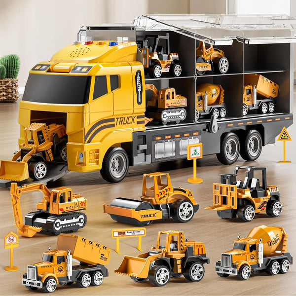 TEMI Construction Truck Toy Set with Play Mat, Die-Cast Metal Toy Car Set for Kids Age 3-6