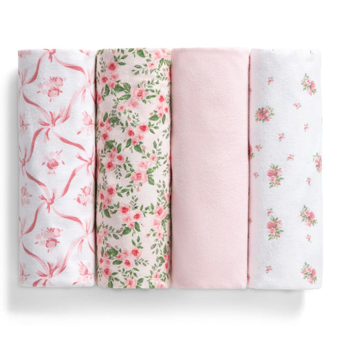 100% 30x30 Inches (Pack 4), Delta Children Cotton Flannel Baby Receiving Blankets for Girls and Boys of Pink Floral