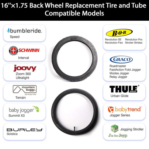 CALPALMY 2-Pack Back Wheel Replacement Tire and Tube 16" x 1.75/2.15 for Baby Stroller, Compatible with BoB