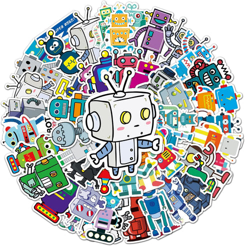 Jictegb 50 Pcs Cartoon Robot Stickers - Fun Robot Characters Designs, Premium PVC,