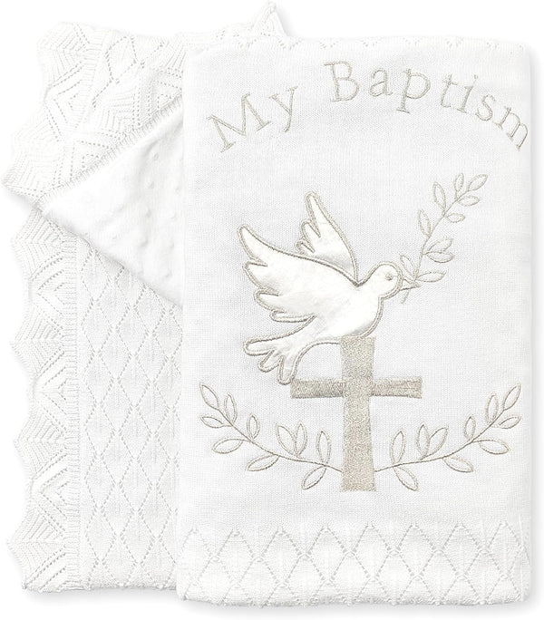 Baptism Knit Baby Blanket with Minky Dot Lining, 100% Cotton Christening Blanket