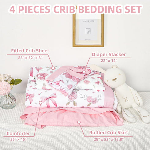 Set 4 Set Floral Crib Bedding for Girls, Pieces Pink Baby Nursery Bedding for Standard Size Crib, Including Soft