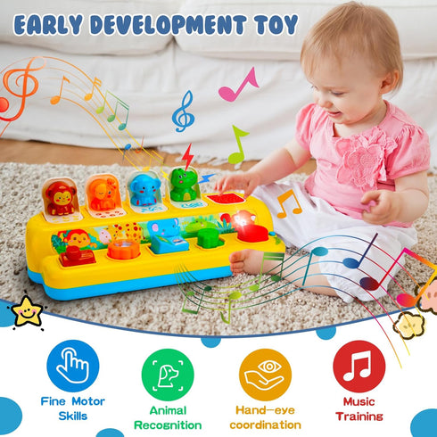 Hieoby 1 9-12-18 1-2 Interactive Pop up Animal Toys with Music & Light, Montessori Cause and Effect Toys for Year Old