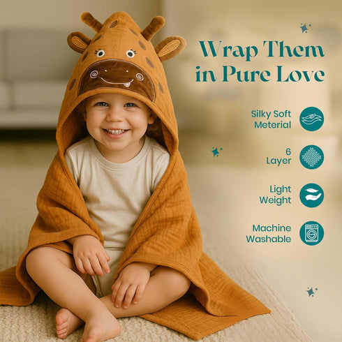 32x32 inches 100% 6-Layer Pack 2 Chungie Soft Muslin Hooded Baby Towels Cotton, Breathable Newborn Bath Towels