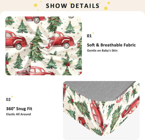 KICPOAY 52x28 Christmas Trees Cars Vintage Toddler Bed Crib Sheets Baby Crib Sheets Cover for Soft Mini Crib Mattress