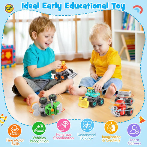 ORWINE 4PCS 2 3 4 5 2-3 Baby Boy Toys Cars, Push and Go Cars for Kids, Friction Powered Stunt Trucks, Construction