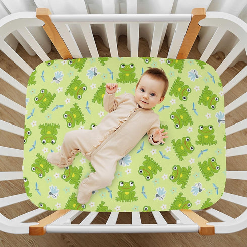 CHUROUSY 27x39 Inch Frogs and Dragonfly Crib Sheets Cute Cartoon Frog Mosquitoes Flower Playard Sheets Fitted Toddler