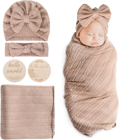 BQUBO Baby Swaddle Blankets for Girls, 4PCS Newborn Accessories Set with Matching Hat and Bow