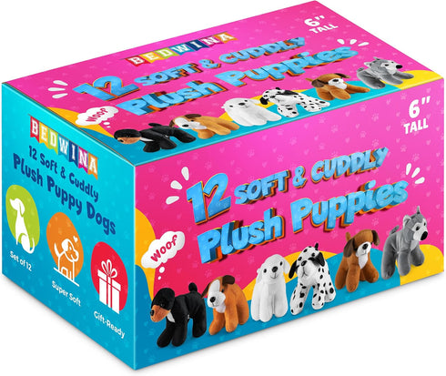 (Pack 12) 6 Inches Bedwina Plush Puppy Dogs - of Tall Small Stuffed Animals Bulk Assorted Puppies and Cute Stuffed