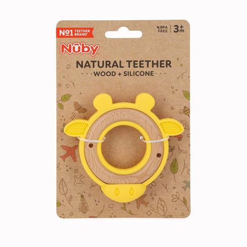 Nuby Natural Wood Teether, Soft Silicone Giraffe Yellow, Minimalist Design, Easy to Clean