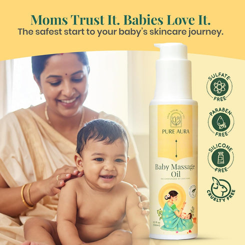 PURE AURA 30 Soothing Care Trio, Baby Body Mist with Nourishing Massage Oil and SPF Sunscreen, Ayurvedic Skincare