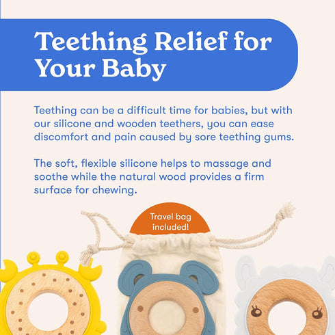 3-Pack 0-12 Set Baby Teething Toys for Months | Food-Grade Silicone & Natural Beech Wood Teether | Easy-to-Hold Animal