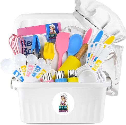 KEFF Kids Cooking and Baking Sets for Girls, Boys, Toddler - 20pcs Real Kitchen Utensils with Kid Safe Knives, Apron,