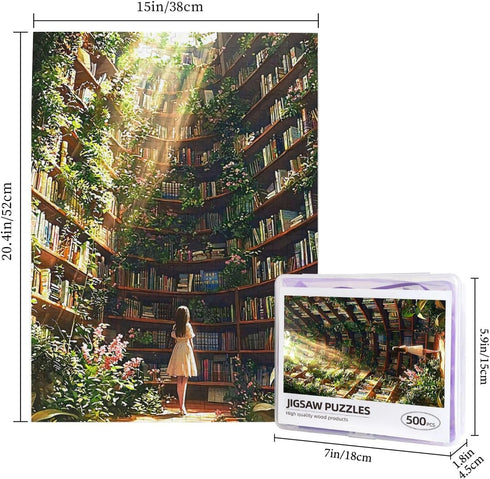 Quelindra 500 500 Library Jigsaw Puzzle PiecesLibrary Bookshelf Jigsaw Puzzles,Plant Bookshelf Puzzles, Library Retro