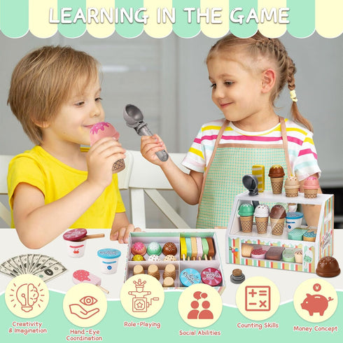Peccvon Counter Playset 3 4 5 6 Wooden Ice Cream Toys for Kids Pretend Play Kitchen Food Toys with Scoop & Menu & Fake