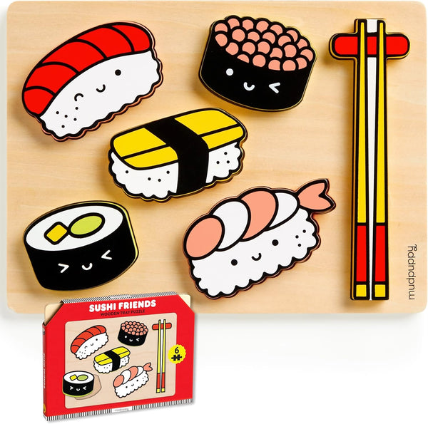 Mudpuppy Sushi Friends: Wooden Tray Puzzle with 6 Sushi Shaped Pieces
