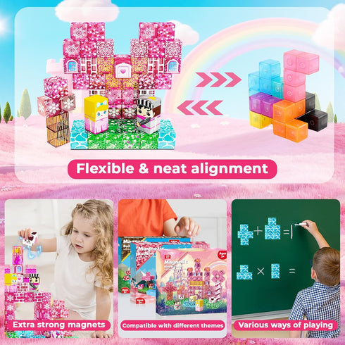100 Sets, 3 4 5 6 7 8-12 Magnetic Blocks - PCS Transparent Magnetic Building Block for Kids, Pink Princess Castle