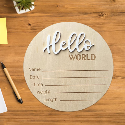 LZEDIRA 5.9 Inch Baby Announcement Sign, Wooden Hello World Newborn Welcome Sign, Birth Announcement Sign for Hospital