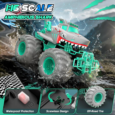 1:16 4WD 3-5 6-8 8-12 Waterproof Shark Remote Control Car, Amphibious RC Cars All Terrain Off Road Monster Trucks Toys