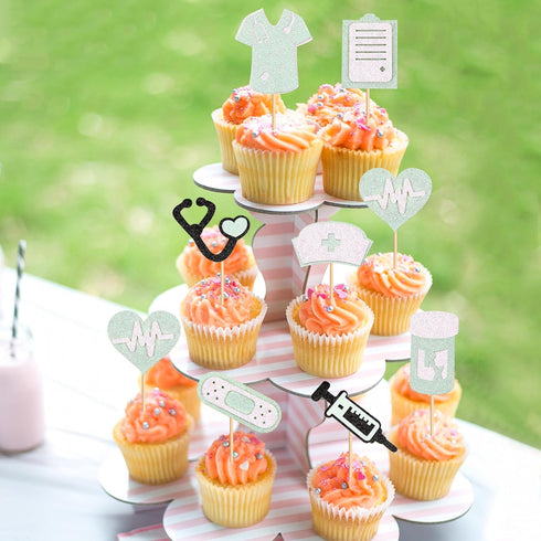 24Pcs Glitter Green Nurse Cupcake Toppers Nurse Tools Cupcake Picks for Nursing School Graduation Cupcake Decors