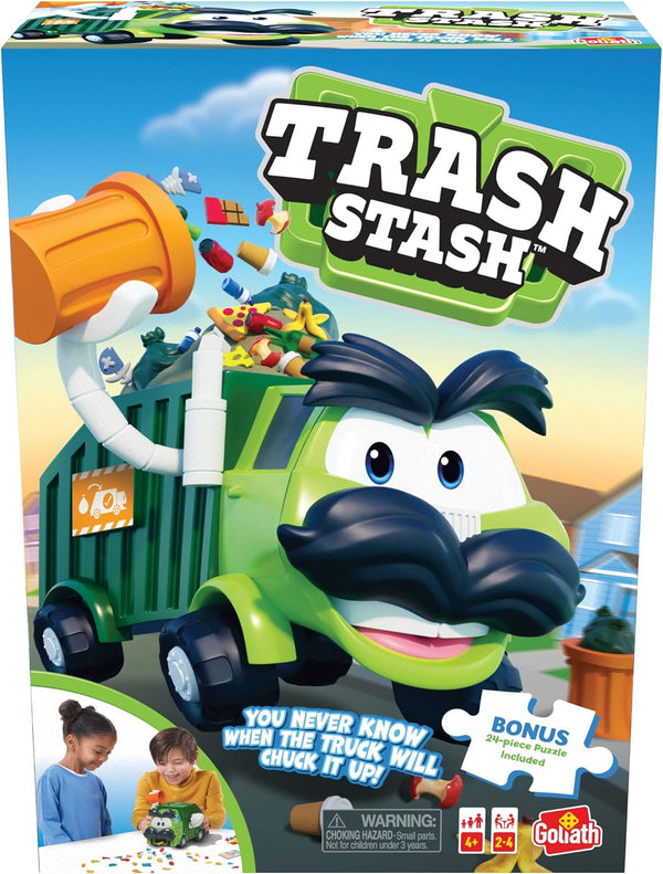 Goliath Trash Stash Game w/ 24pc Puzzle - Fill Trashcan, Watch It Dump Into Garbage Truck - Includes 24-Piece Puzzle