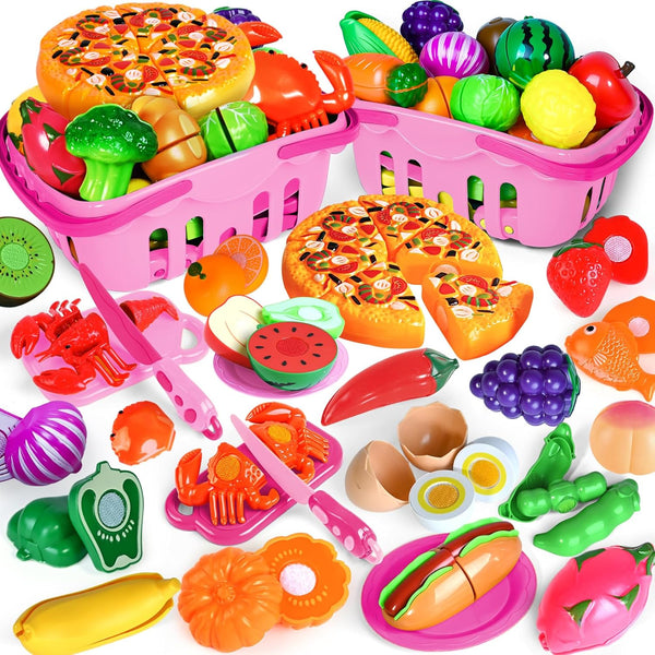Shemira 100 PCS Cutting Play Food Toy for Kids Kitchen, Pretend Food