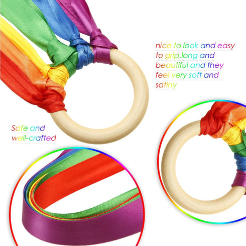 WILLBOND 3 Pieces Rainbow Hand Kite Ribbon, Dancing Ribbon Streamer with Wood Ring Educational Toys