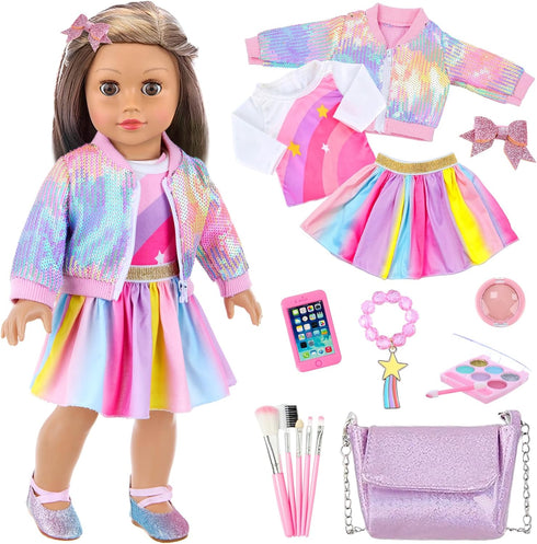 UNICORN ELEMENT American 18 Inch Doll Makeup Accessories and Clothes,Sequin Backpack Set