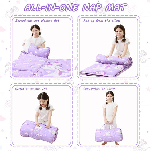 lasoftan Toddler Nap Mat with Pillow and Blanket, Extra Large Rolled Napping Mats,Slumber Bags for Boys Girls,Kids