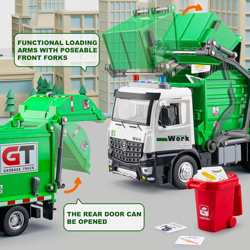 TAKGUD 12" Set 4 Garbage Truck Toys for Boys, Big Trash Truck with Lights and Sounds, Friction Powered Waste Management