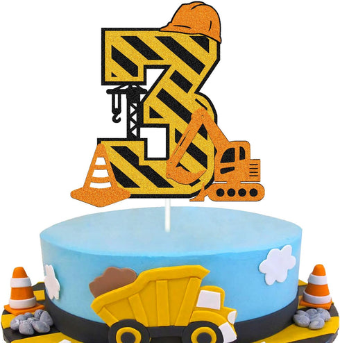 Construction 3rd Birthday Cake Topper for Kids, Truck Excavator Forklift Dump Bulldozer Party Supplies