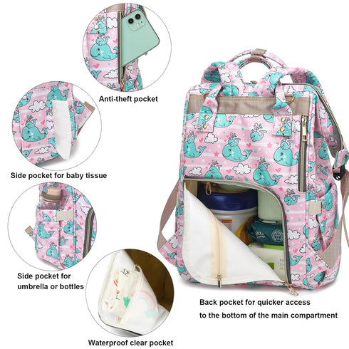 Yusudan Backpack Whale Diaper Bag for Baby Girls, Mom Waterproof Large Nappy Bags for Women