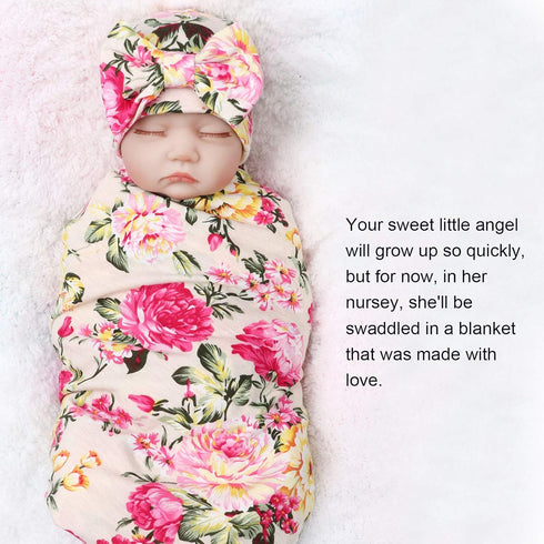 Newborn Baby Receiving Blankets Girl with Bow Hat Headband Wooden Birth Card Set Baby Swaddles for Newborns Toddler Gift