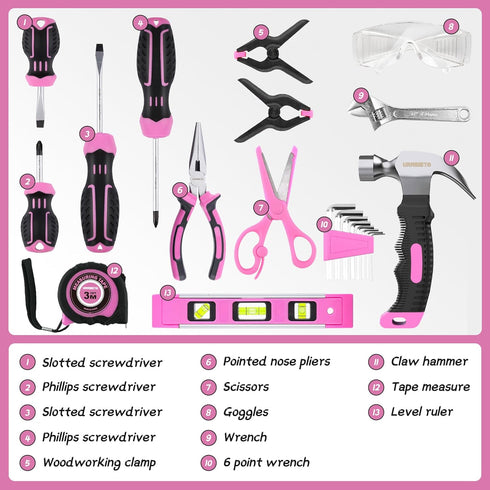 22-Piece Set 8+ URASISTO Kids Tool with Storage Bag, Pink Junior Real Hand Tool Kit for Boys & Girls, Age
