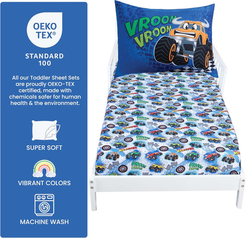 2-Piece Sets 28x52 20x30 Todays Kids Monster Truck Bedding Toddler Bed Sheets - Toddler Bed for Boys Crib Size, Fitted