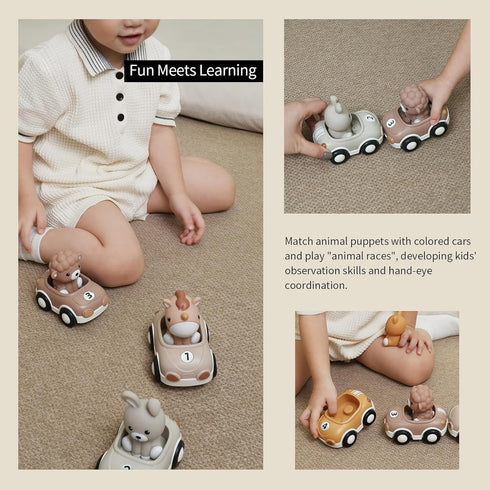 1-3, 6-Pack Set Nueplay Toy Cars for Toddlers Friction Powered Push and Go Vehicle with Animal Finger Puppets for Boys