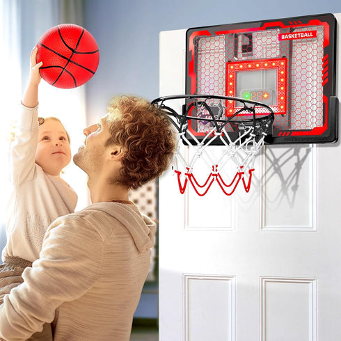 Indoor Basketball Hoop Toy for Kids - Pro Over The Door Basketball Hoop with LED Lights, Scoreboard & 4 Balls