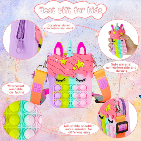 Pop Purse Pack Toy, Unicorn Rainbow Shoulder Crossbody Mini Keychain, Birthday Gifts for Kids Girls