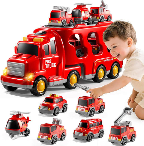 Fire Truck Toys for Toddler 1-3 3-5, 7-in-1 Fire Car Carrier Vehicle