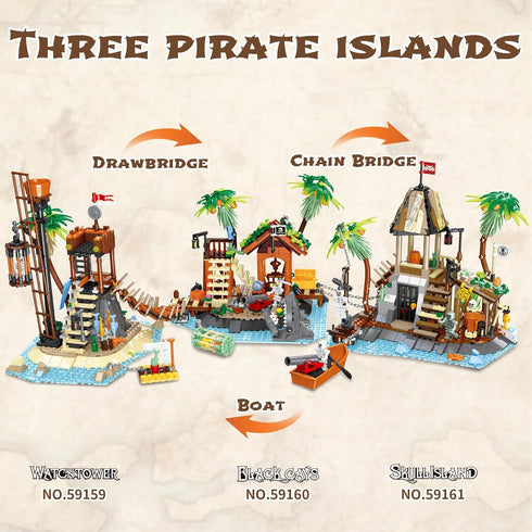 NERCISU Sets 8-12 (533 Pirate Skull Island Building Toys with Pirate Ship, Skeleton, Prison, Cannon, Sailing Adventure