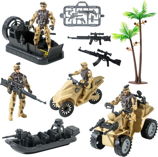 Army Men Action Figures Playset with Military Vehicles, Toys for Kids Boys Girls, Age 6-10, Includes Boats & Pistol