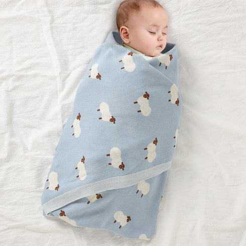 mimixiong Baby Blanket, Knit 100% Cotton Toddler Blankets for Boys and Girls, Cute Sheep, Size 30 x 40 Inches Blue