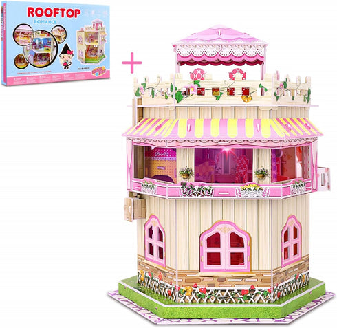 Rooftop Romance 3D Puzzle Dollhouse for Girls, Easy to Assemble Miniature Doll House Building Kit with LED Light