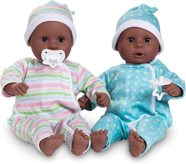 Melissa & Doug Mine to Love Twins Tyler & Taylor 15” Dark Skin-Tone Baby Dolls with Rompers, Caps, Pacifiers