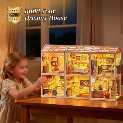 92Pcs 1:24 8+ Miniature DIY House Kit Convenience Store Scale Dollhouse Mini-Mart Corner Store Shop with LED Light