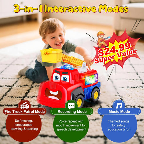 Tozkizm 18M+, 18 Talking Fire Truck Toy for Toddlers Interactive Fire Engine with Voice Repeat and Moving Mouth