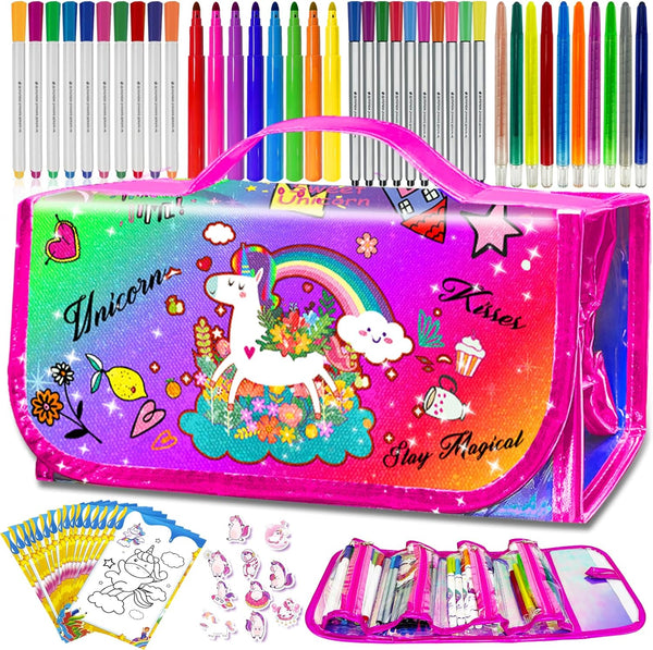 weirtoya 56 PCS Washable Scented Markers with Glitter Pencil Case, Mermaid Unicorn