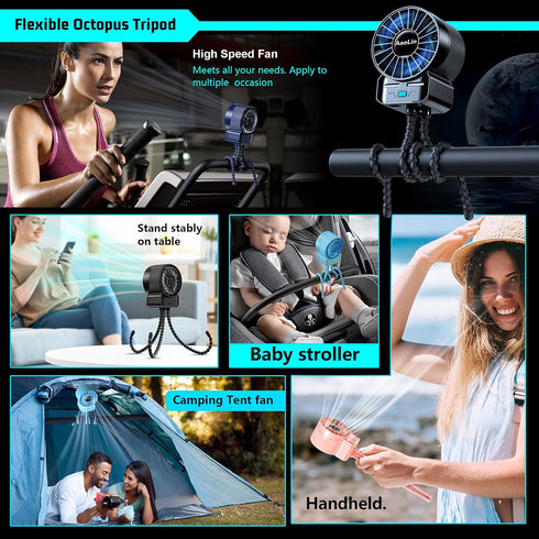 2 Pack 4 6600rpm Multifunctional Portable Stroller Fan Speed High Speed Usb Rechargeable Personal Mini Handheld Fan