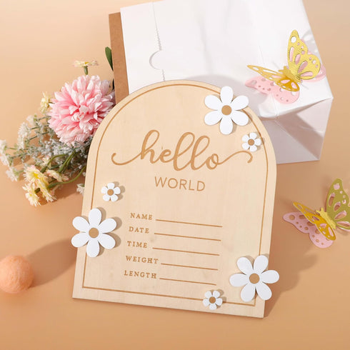 Wooden Hello World for Baby Showers - Newborn Birth Announcement Board,Daisy Wooden Baby Milestone Card,Welcome Baby