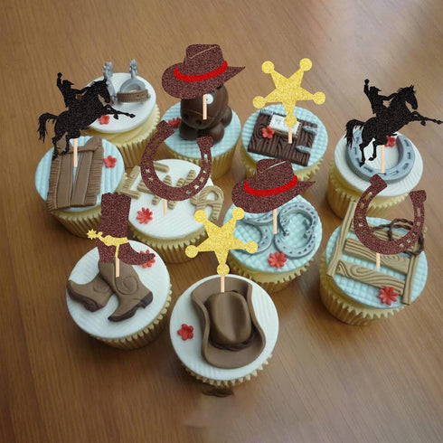 30 PCS Cowboy Cupcake Toppers, Glitter HorseShoe Cowboy Hats & Boots Picks for Western Theme Baby Shower Party
